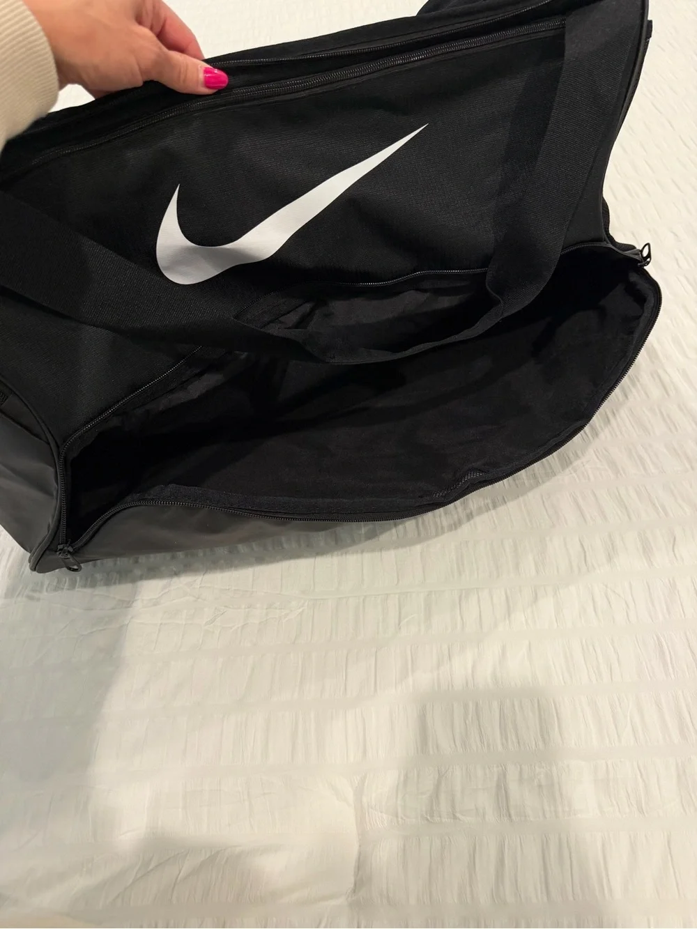 Nike Black Duffel with White Swoosh Logo